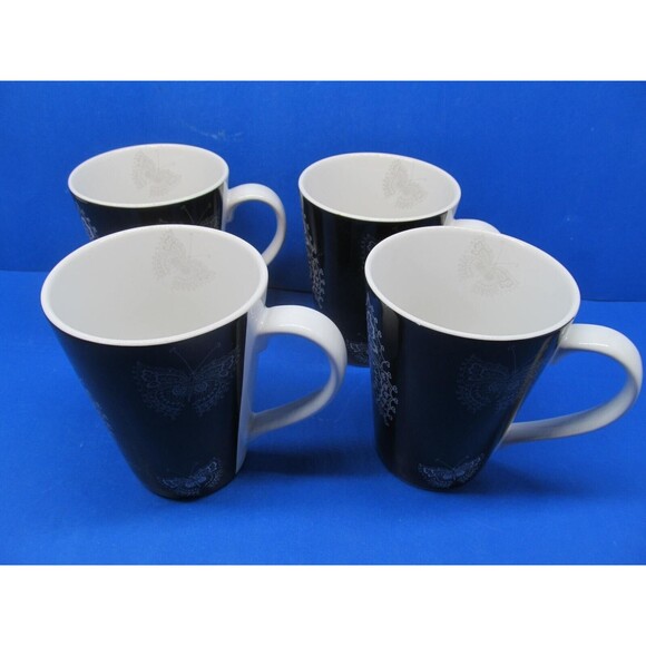 Roscher Butterfly Lace Collection Set Of 4 White On Black 4 1/2" Tall Cups Mugs - Picture 7 of 16
